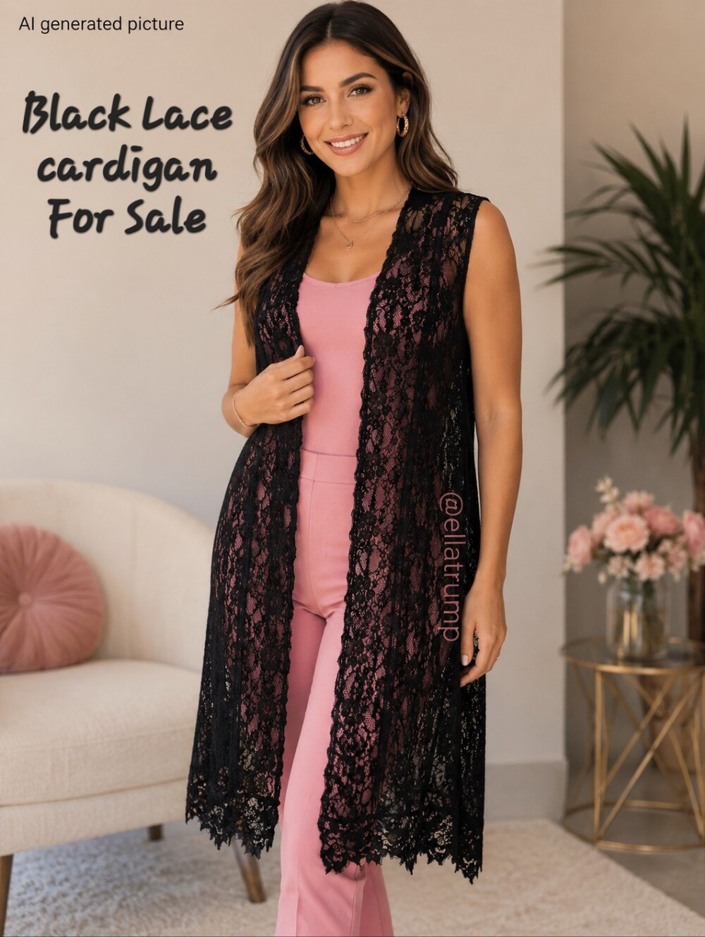 Polly & Esther Black Lace Duster Cardigan Long Open Front